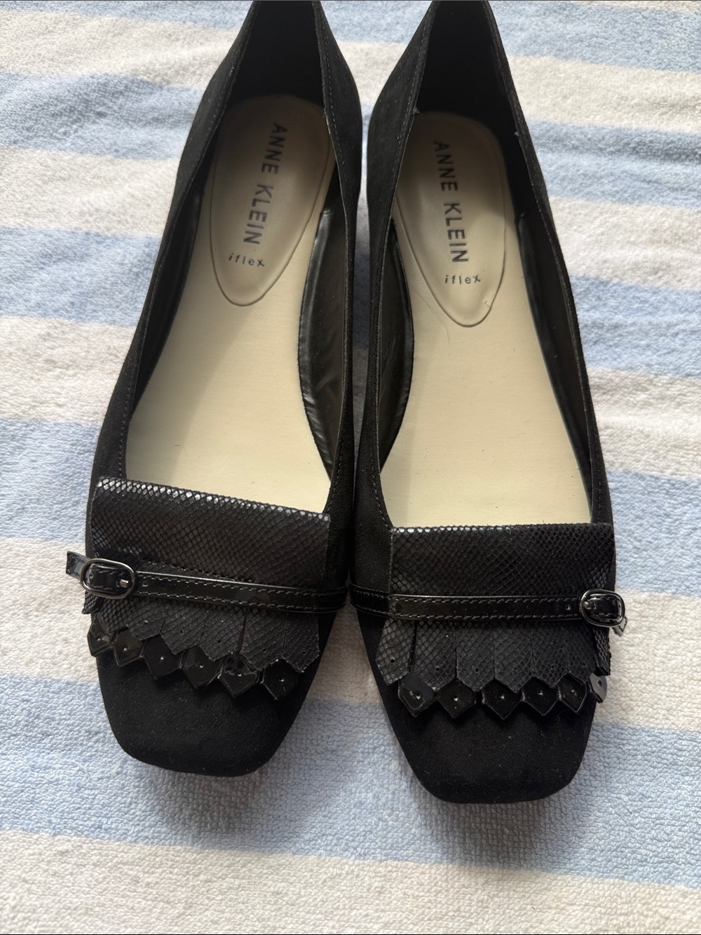 Anne Klein Black Suede Slip-On Loafers with Patent & Buckle Accent